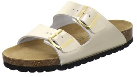 AFS-Schuhe 2100, Leder Pantoletten Damen Sommer Sandalen, flach Fußbett Hausschuhe (41 EU, Gold)