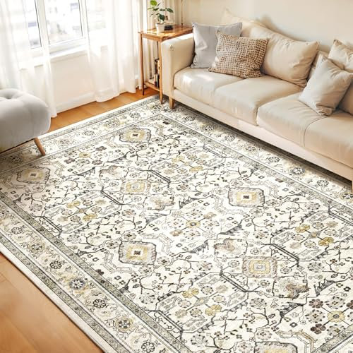 WITSHOCK Creme Waschbare Teppich Wohnzimmer 240x300cm Boho Teppiche for Living Room Groß Rugs Weich Schlafzimmer Carpet Esszimmer BüRo Kurzflor Teppich rutschfest Teppiche