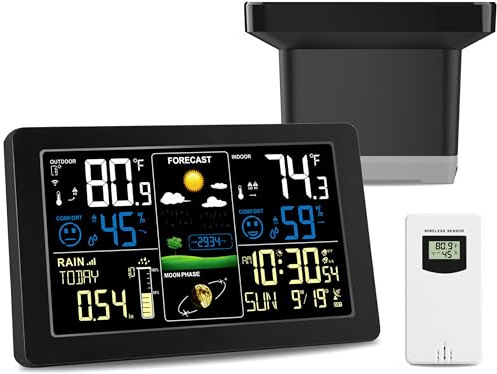 Stazione meteo con pluviometro, pluviometro digitale wireless, per esterni, per casa, senza fili, per interni ed esterni, con termometro, barometro, igrometro, orologio atomico, previsioni meteo e