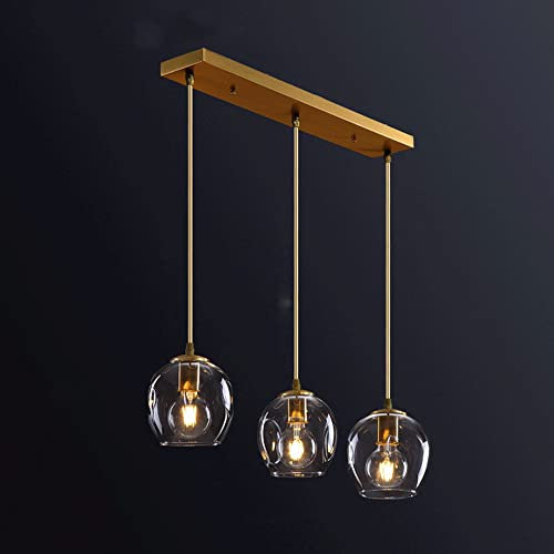 3 Heads Brass Chandeliers with Wine Glass Lamp Shade, Dining Room Suspension Lighting Fixtures, Copper Living Room Pendant Light, Minimalist Kitchen Island Drop Lights