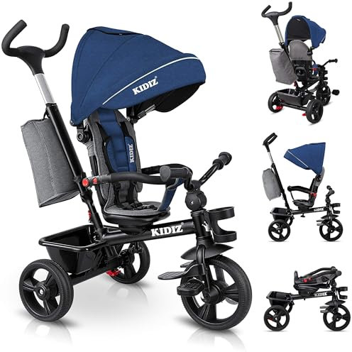KIDIZ® Dreirad 6in1 Kinderdreirad mit Schubstange Lenkbar ab 9 Monaten bis 25Kg Jogger vorwärts & Rückwärtsfahrt, Korb Tasche Getränkehalter Sonnendach Gummiräder Buggy Fahrrad Baby Klappbar Blau