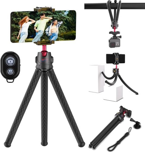 Digicharge Flexible Mobile Phone Tripod for Smartphone/iPhone/Gopro/Action Cam/DSLR Stand with Wireless Remote, 360° Rotating, All-in-one Live Streaming/Vlogging Gorilla Tri Pod Mount 12 Inch