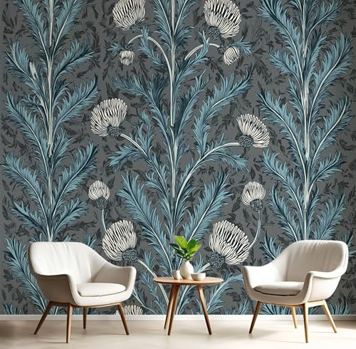 DLERFLOVR Vintage Thistle Flowers Wallpaper 200x140cm Wall Paper William Morris Style Silk Contact Paper 3D Effect Wall Mural for Living Room Bedroom Hallway Stairs, Gray Blue