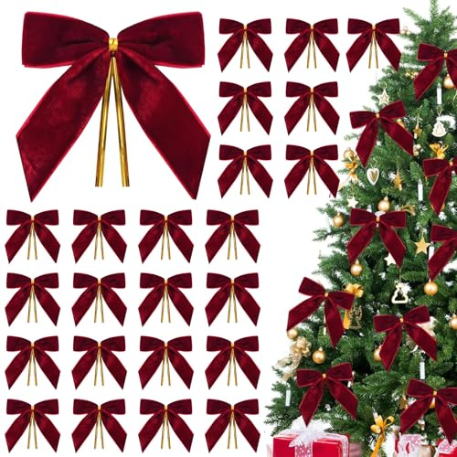 Tarange Schleifen Weihnachtsbaum Deko | Rote Schleifen Weihnachten, 24er Weihnachtsbaum Schleifen Rot Samtschleifen, Weihnachtsschleifen für Girlande, Zaun, Haustür, Kamin (24 pcs)