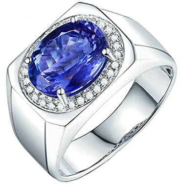 BCughia Tansanit Ring Herren Weißgold, 18 Karat Ringe Oval Form 3.5ct Tansanit und Diamant Hochzeitsringe Herren Größe 47