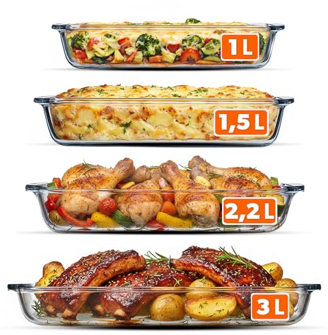 KADAX Auflaufform Set aus hitzebeständigem Glas, 4-teilig (1L, 1.5L, 2.2L, 3L), Ofenfeste Glasformen zum Backen, Kochen und Servieren, Spülmaschinen- & Mikrowellengeeignet