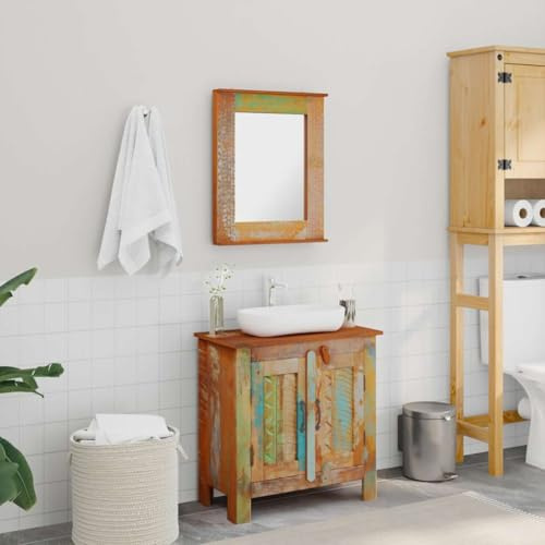 ULUYYUC Meuble de lavabo vintage avec miroir, 60 x 30 x 60 cm, en bois recyclé, 2 étagères, cadre en bois de 45 x 55 cm, WC d'invités