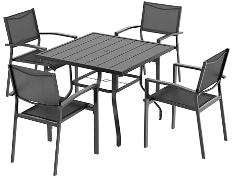 Avestar 5-teiliges Gartenmöbel set, Garten-Essset für 4 Personen, Gartentisch mit Schirmloch und 4 stapelbare Stühle mit atmungsaktiver Textilene-Oberfläche, pulverbeschichtetem Metallgestell, schwarz