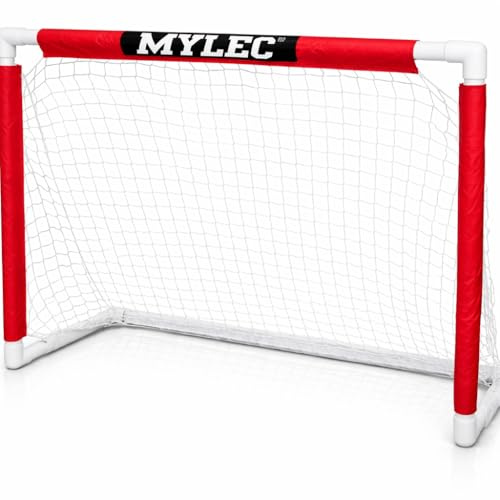 Mylec Junior Hockey PVC Goal (48 x 37), Easy Assembly, Lightweight & Durable, Sleeve Netting System, (White & Red, 6 Pounds)