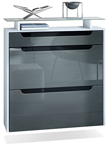 Vladon Schuhschrank Annie, Schuhkipper für 16 Paar Schuhe mit 2 Klappen, 1 Schublade und Glasablage, Weiß matt/Grau Hochglanz/Schwarz Hochglanz (89 x 96 x 23 cm)