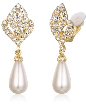 EVER FAITH Österreichische Kristall Simulierte Perle Blume Bud Teardrop Clip-on Ohrringe
