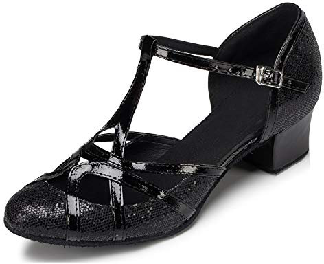 Minitoo qj6133 Damen Geschlossen Zehen High Heel PU Leder Glitzer Salsa Tango Ballsaal Latin t-strap Dance Schuhe, Schwarz Black-3.5cm Heel,39 EU/6 UK