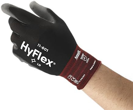Ansell HyFlex 11-601 Dünne Arbeitshandschuhe, Nylon-Strickhandschuhe mit PU Beschichtung, Leichte Schutzhandschuhe, Präzises Arbeiten und Heimwerken, Mechanikschutz, Schwarz, Größe M (12 Paar)