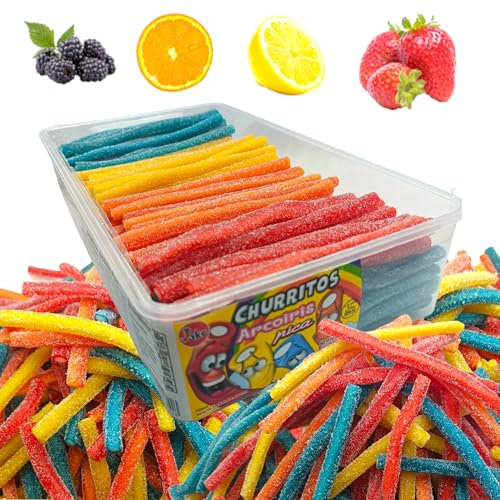 Churritos Pica Arco Iris - Estuche 200 golosinas 1500 gramos - Fiestas, chuches cumpleaños, navidad, caramelos, piñata cumpleaños infantil. Chucherías