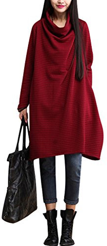 Youlee Frauen Rollkragen Plaid A-Linie Stricken Kleid Rot M