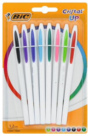 BIC Cristal Up Stylos-Bille Pointe Moyenne (1,2 mm) - Écriture Claire et Colorée - Couleurs Assorties, Blister de 8