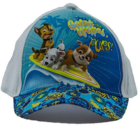 PAW PATROL Hunde Chase, Marshall und Rubble Catch The Waves Pups Kappe, Baseball Cap, Schirmmütze für Kinder, Mädchen und Jungen, aus 100% Baumwolle, mit Klettverschluss (Weiß, 54)