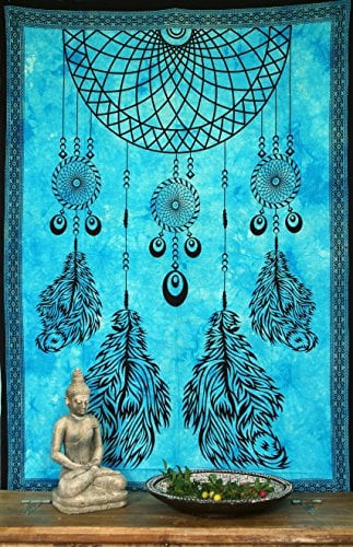 GURU SHOP Boho-Style Wandbehang, Indische Tagesdecke - Chakra Traumfänger/Türkis, Baumwolle, 190x140x0 cm