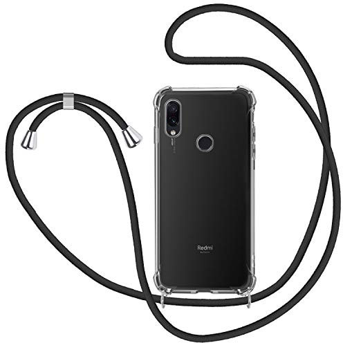Funda con Cuerda para Xiaomi Redmi Note 7, Carcasa Transparente TPU Suave Silicona Case con Correa Colgante Ajustable Collar Correa de Cuello Cadena Cordón para Xiaomi Redmi Note 7 - Negro