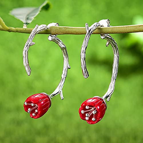 YUANYIRAN S925 Ohrstecker - Rote Koralle Lilie des Tals Blume Tropfen Ohrringe, Handgemachte Feine Schmuck, Für Frauen Mädchen Geburtstag Hochzeit Party Geschenk, Koralle Silber