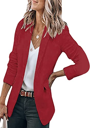 OMZIN Femmes Casual Blazer Ouvert Devant Revers Veste Manches Longues Teinte Unique Blazer Léger Vin Rouge L