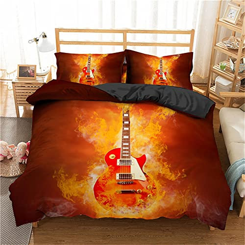 Gitarren-Bettbezug-Set, Burning Hard Rock Music Creative Concept Retro E-Gitarre Raumdekoration 3-Teiliges Bettwäsche-Set für Kinder Jungen Mädchen mit Kissenbezügen (Farbe1,135*200cm)