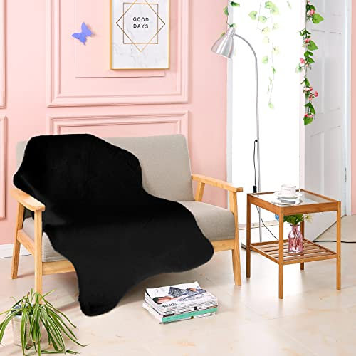 Teppich Wölkchen Fellteppich, Kunstfell Teppich Waschbar, Hasenfell Imitat, Kaninchenfell, Kurzfell - Flauschiger Teppich, Bettvorleger, Fell für Sofa - Schwarz - Fell 80x120cm