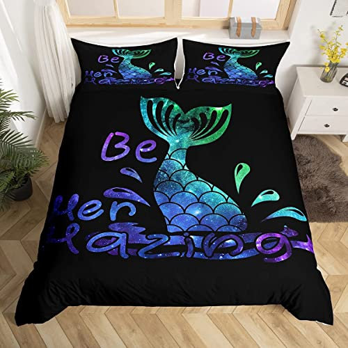 Meerjungfrau BettwäSche 135 x 200 Kinder Meerjungfrau Fischschuppen Bettwäsche-Set für Mädchen Teenager Glitzerndes Galaxy Bettbezug Thema Ozean Zimmerdekor Blaugrün Lila Ombré Schlafzimmer Dekor