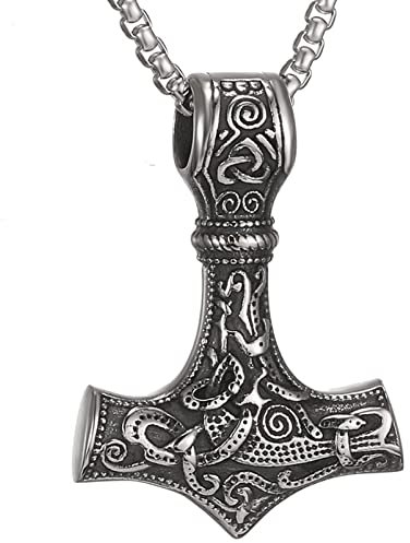 AFSTALR Wikinger Schmuck Herren Halskette Thors Hammer Halskette - Nordische Mythologie Mjolnir Wikinger Runen Hammer Edelstahl kette Viking Geschenke für Männer 60cm Silber