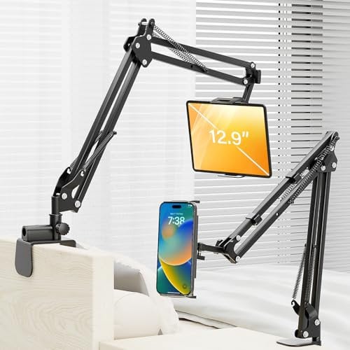 PEYOU Tablet Holder for Bed, Adjustable Kindle Holder with 360-Degree Rotating Arm, Foldable iPad Stand with 4 Cord Clips, Fits iPad, iPhone, Kindle, Switch or Other 4.5 to 12.9-inch Devices
