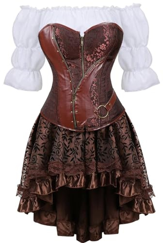 Jutrisujo Korsett Kleid Spitze Retro 3 Set Steampunk Korsagenkleid Piraten Vollbrust Corsagen Corset Dress Gothic Damen Kostüm Burlesque Halloween Braun 3XL