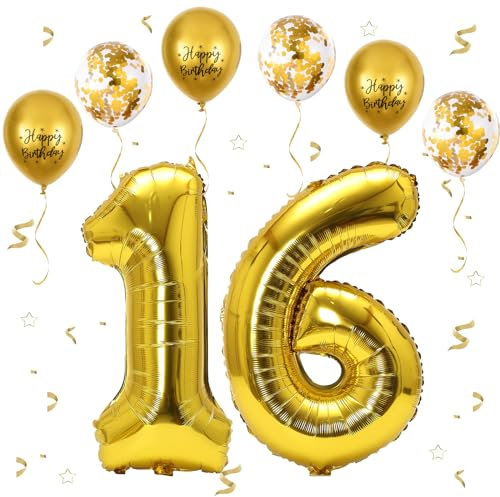 VUCDXOP Gold Luftballon 16, XXL Riesige Geburtstag Ballon 16, 40 - 101cm Ballon Zahl Deko Folienballon Zahlen 1 & 6, Geburtstagsdeko Jubiläum Party Deko, Fliegt mit Helium (Nummer 16/61)