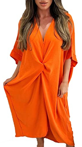 Women’s Ladies V-Neck Knot Twist Short Sleeve Baggy Oversized Loose Fits Smock Midi Casual Longline Summer Dresses for Women UK Plus Size Fits 12-24