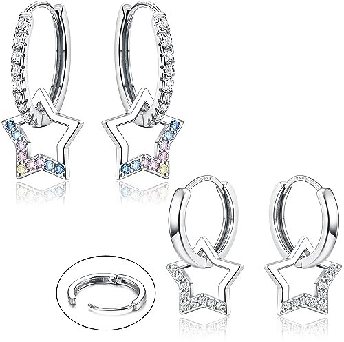 JeweBella 2 Paar Ohrringe Hängend Silber für Damen Mädchen Klein Creolen mit Stern Anhänger 925 Sterling Silber Pin Zirkonia Stern Ohrhänger Set Hypoallergene Silber Stern Ohrringe Kinder