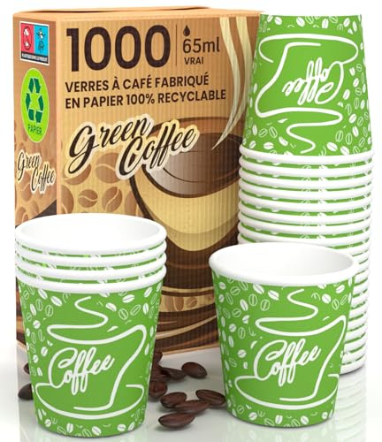 Eurocali 1000 Gobelets en Papier pour Café 65ml CoffeeGreenCUP - Gobelets Écologiques Biodégradables à Usage Unique pour Petits Emporter - Boissons Chaudes