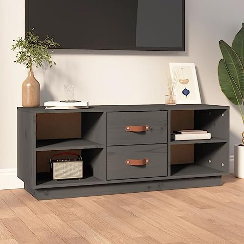 FIRBNUS TV-Schrank Grau 100x34x40 cm TV Schrank Holz Kommode Holz Möbel Wohnzimmer TV Kommode Sideboard Holz Lowboard Holz TV Lowboard Holz TV Cabinet TV Unterschrank Massivholz Kiefer