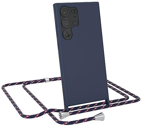 EAZY CASE - Hülle mit Kette - kompatibel mit Samsung Galaxy S23 Ultra Schutzhülle Kordel zum Umhängen,Umhängen Necklace, TPU Silikon Case, Blau mit Band Navy Camouflage Verschluss Silber