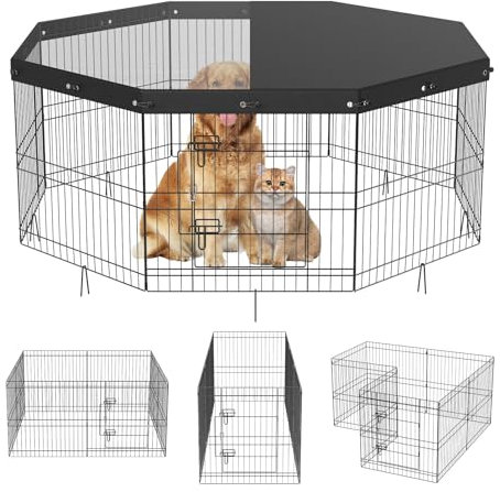 VEVOR Parc pour Chien 61 cm Enclos Lapin Chat Chiot avec Couverture Supérieure Clôture pour Petits et Moyens Animaux de Compagnie 8 Panneaux Grillagés Pliants en Métal pour Extérieur Intérieur Camping