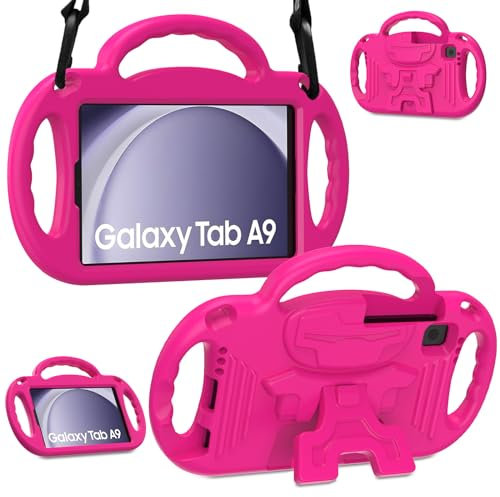 SINSO Kids Case for Samsung Galaxy Tab A9 8.7 inch 2023, Galaxy Tab A7 Lite, with Shoulder Strap, Durable Light Weight Handle Stand Child-Proof Bumper Case for Galaxy Tab A9&Tab A7 Lite 2021, Rose
