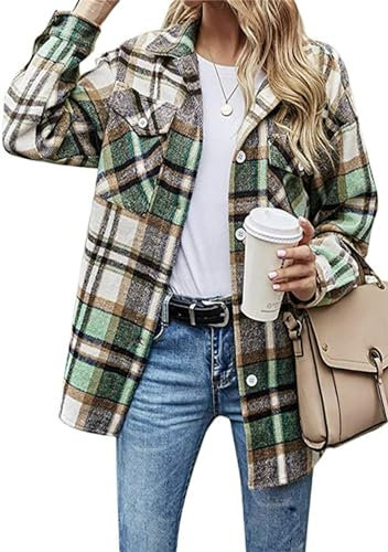 OMZIN Manteau en Laine pour Dames Veste à Carreaux Boutons Veste De Transition avec Poches à Motif à Carreaux Veste Chemise Légère à Manches Longues Vert XL