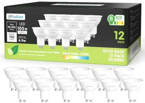 sailsco Energieklasse B GU10 LED Warmweiss Lampe,4.9W 780LM 2700K Warmweiß GU 10 Energiesparlampe,105W Glühbirne Ersetzt,110 Grad Abstrahlwinkel G10 Leuchtmittel,Nicht Dimmbar Birne,12 Stück