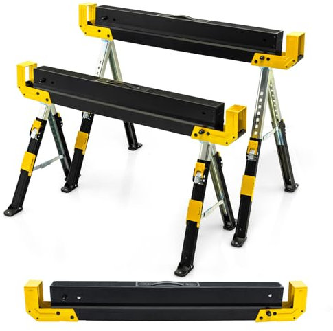 GYMAX Lot de 2 Tréteaux Pliable en Métal, Charge Max 1180kg, Hauteur Réglable 62-83cm, Chevalet de Sciage avec Bras Chevilles de Support de Bois (Jaune)