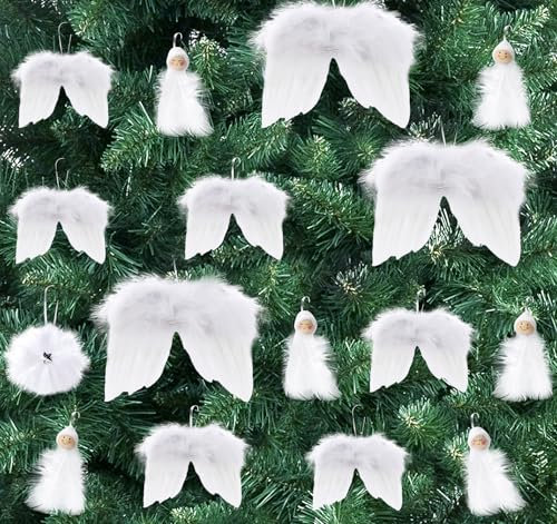 Weiß Weihnachtsschmuck, 12 Stück Engelsflügel Federn Anhänger Christbaumschmuck Engel Flügel Federn, Weihnachtsbaum Deko für Weihnachtsfeier Dekoration DIY Handwerk