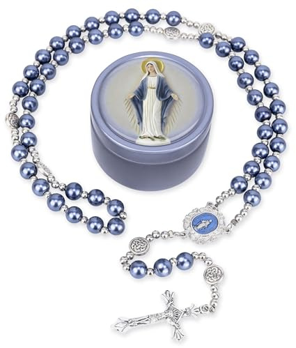 SUTANALE 8mm Glass Pearl Rosary Necklace for Women - Catholic Prayer Beads with Gift Box, Handmade Religious Jewelry for Baptism, First Communion (Blue)