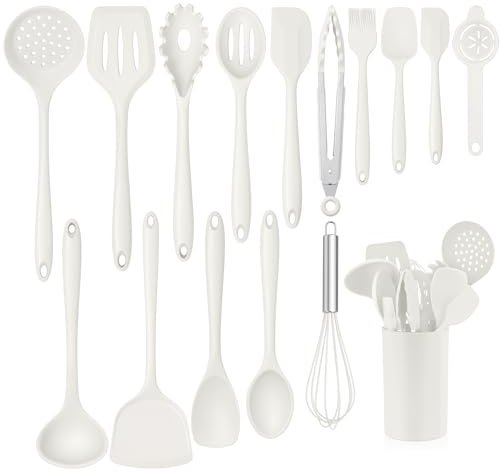 Homikit Lot de 16 ustensiles de cuisine en silicone, résistants à la chaleur, blancs, avec porte-ustensiles, sains et antiadhésifs, passent au lave-vaisselle