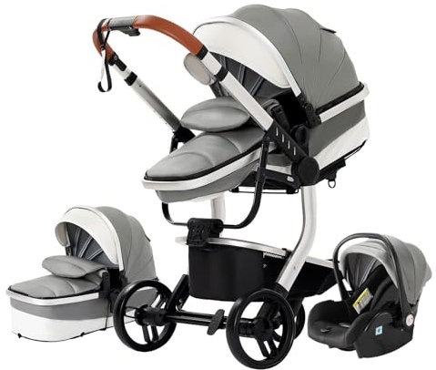 NADDLILY PU-Leder Kinderwagen 3 in 1, Buggy mit Umkehrbarem Zwei-Wege-Schub, Kinderwagen Faltbarem Tragbarem One-Click-Design, Kinderwagen 3 in 1 Komplettset mit Zubehör Hohe Landschaft (518 Grey)