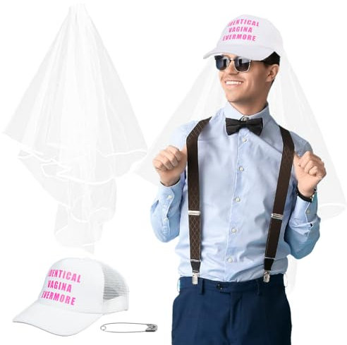 Alaoo JGA Outfit Set, Junggesellenabschied Männer Deko 2er, Junggesellenabschied Hut und Schleier, JGA Party Zubehör, Accessoires für Bachelorette Party Hochzeit Fotorequisiten
