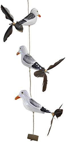 Tokoindah Moewen Windspiel Rudi mit Feder Propeller – Handgeschnitzte 3 Holzvögel als Mobile – Maritime Deko für Garten, Balkon, Terrasse – Windspiel aus Holz, handbemalt, Federn, ca. 90cm lang