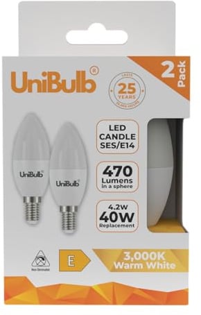 Unibulb E14 SES LED Candle Bulbs, 470 Lumens, Warm White 2700K, 4.2W 40W Equivalent/Replacement, 25,000hr lifespan, Pack of 2