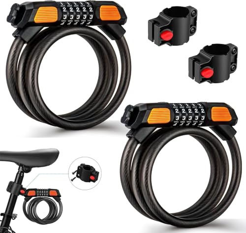 (2 Pack) Fenxyo Candado de Bicicleta, Candado de Cable de Alta Seguridad para Bicicleta 120cm/12mm, cadenas de combinación impermeables ajustables de 5 dígitos para bicicleta, moto, puerta, Negro